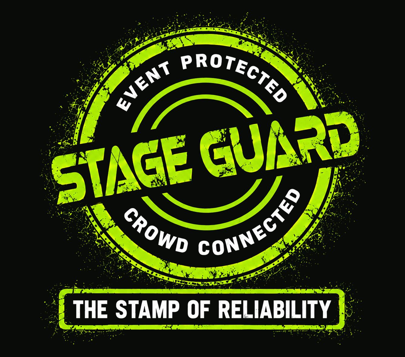 Stage Guard round logo styled as an angled green distressed stamp, with The Stamp of Reliability beneath it